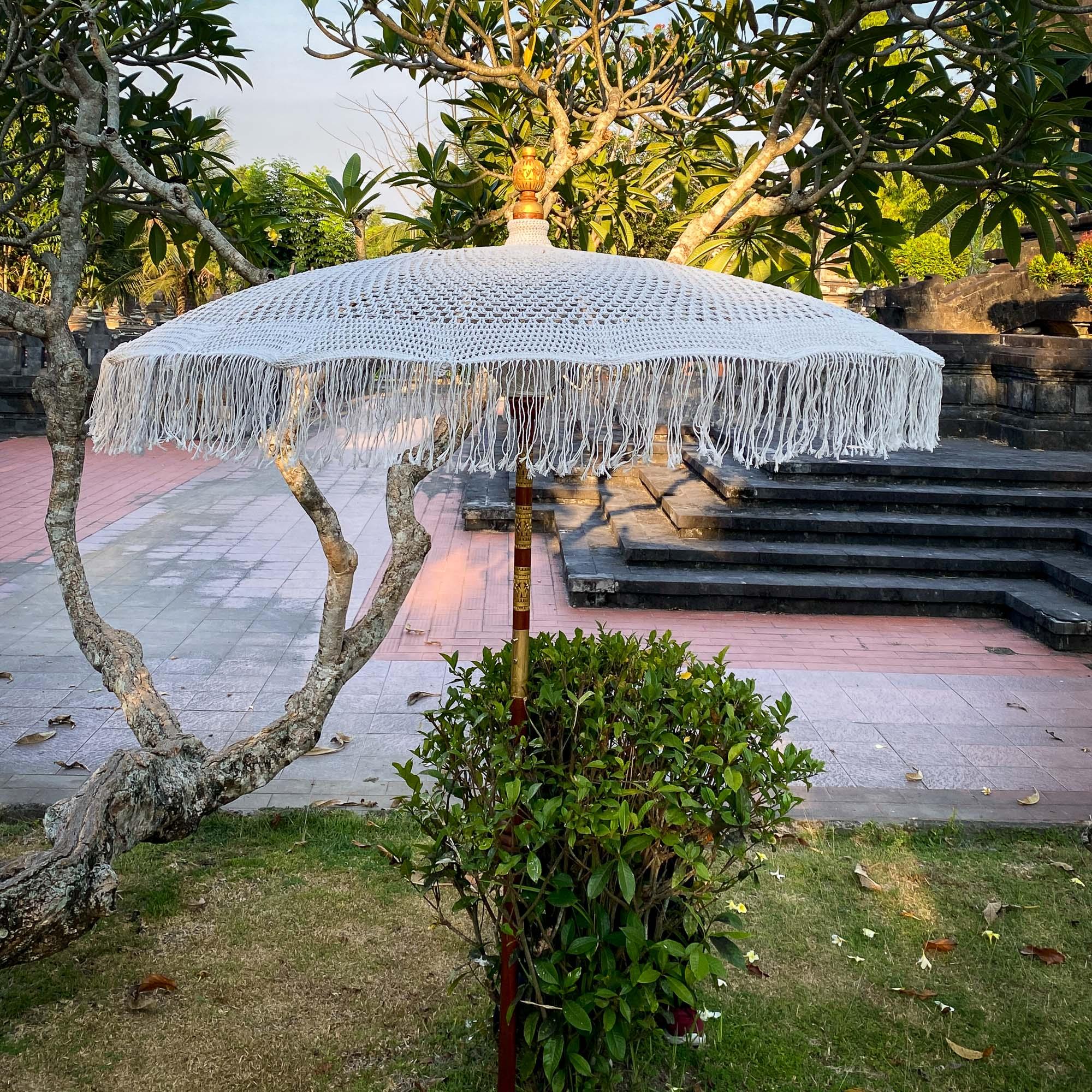 bohemian patio umbrella Boho Macrame Parasol White