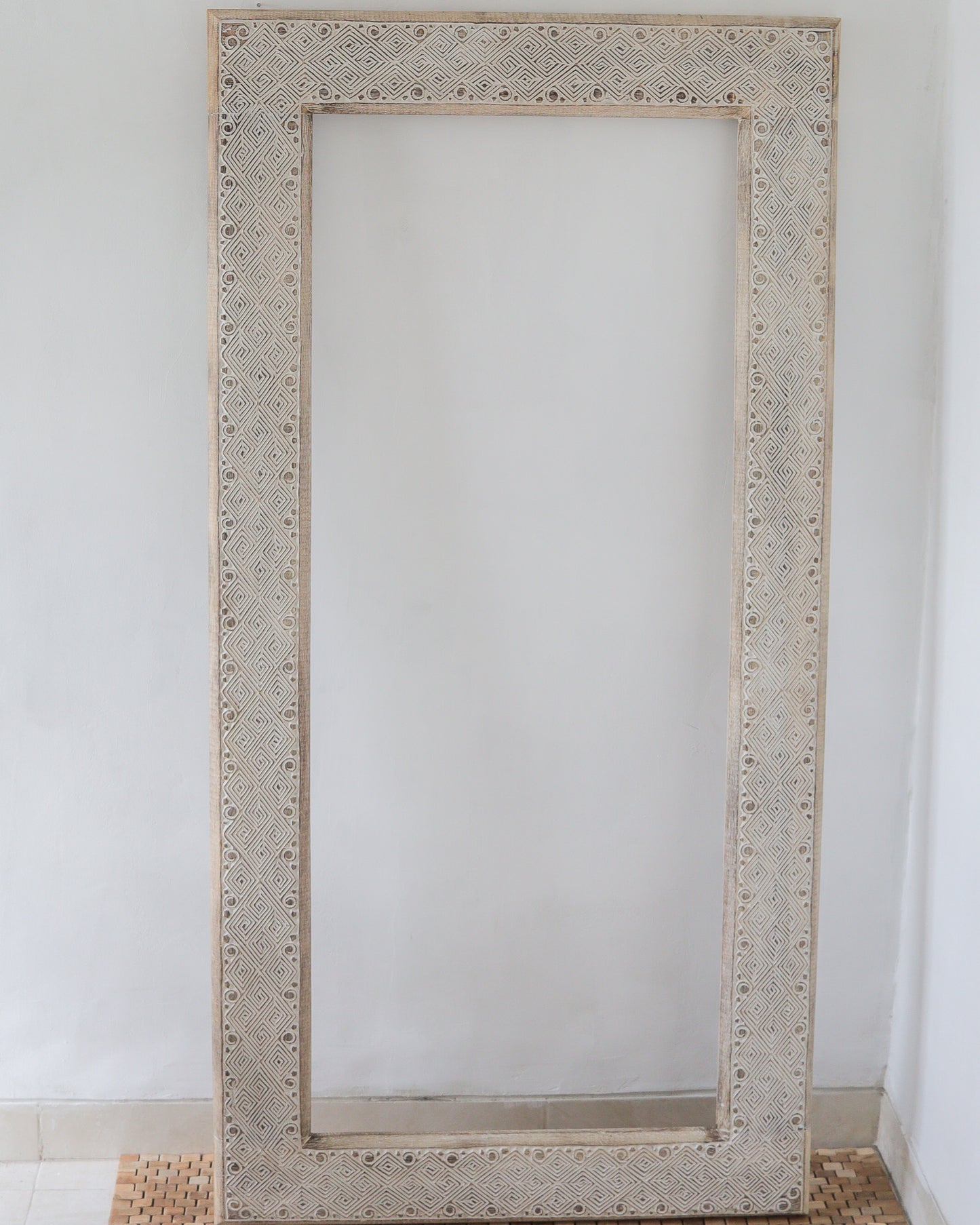 Hand carved ethnic white wash mirror frame, 180x90 cm, handmade in Bali, unique design available for customization.