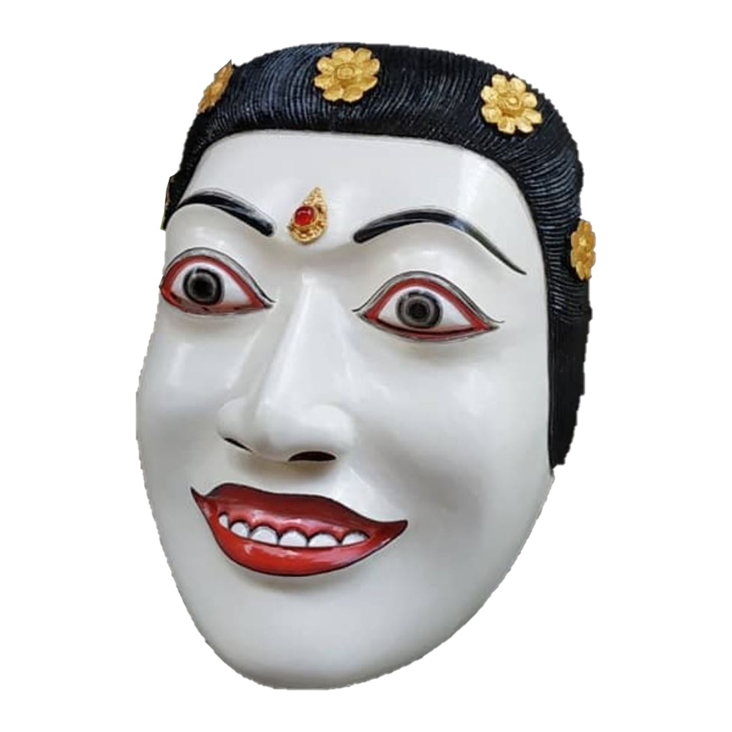 Handcrafted wooden mask from Bali, ideal for theater or wall decor, showcasing unique artistry and vibrant colors.