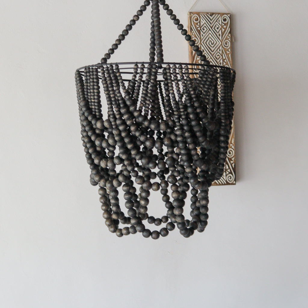 Wood Beaded Chandelier Black Wash Roomi Design