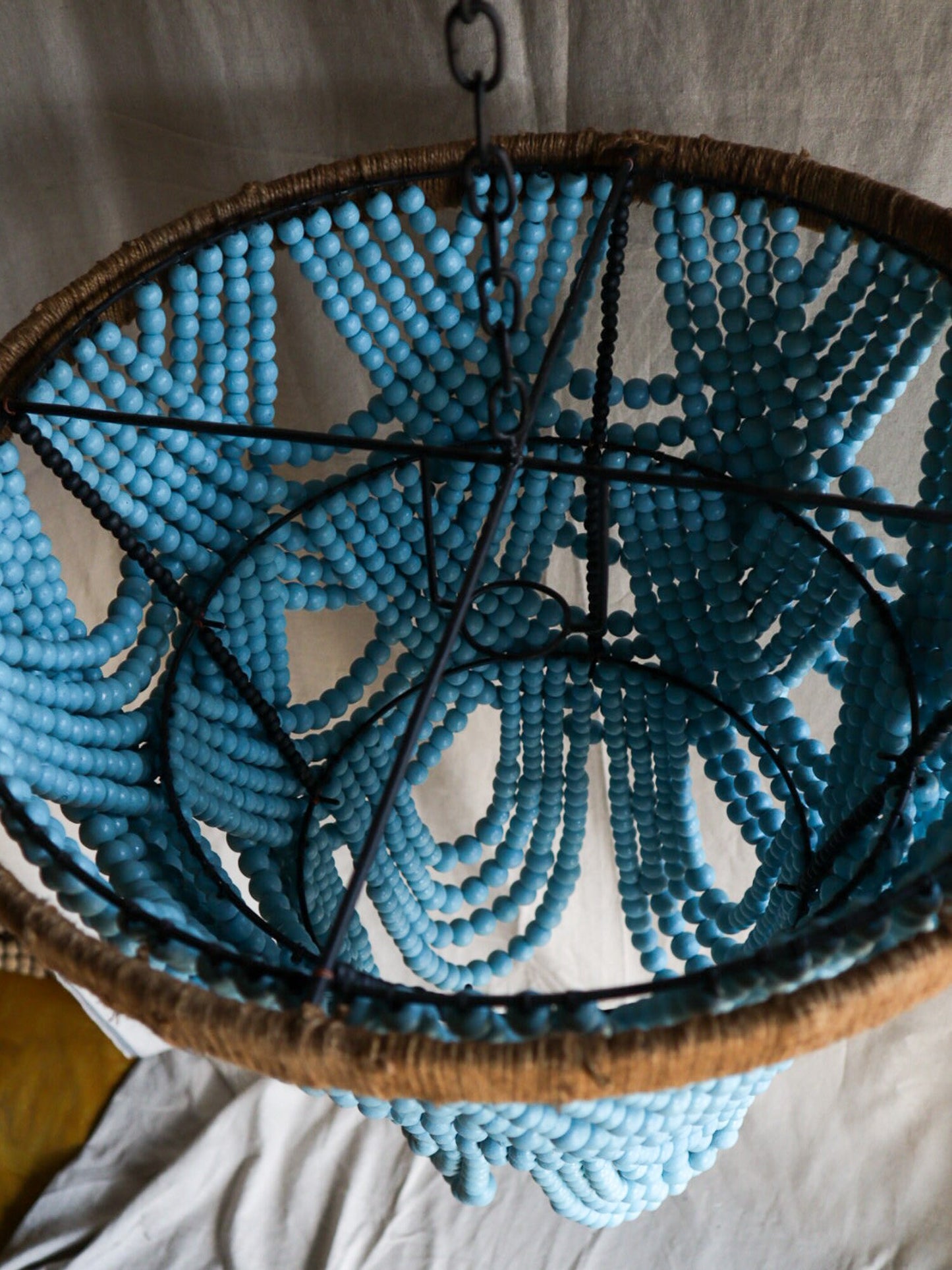 Wooden bead Light Blue Chandelier