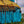 Balinese decorative parasol with golden patterned fabric and blue tassels outdoors
