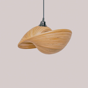 Handcrafted bamboo pendant light with modern twisted design, eco-friendly home decor