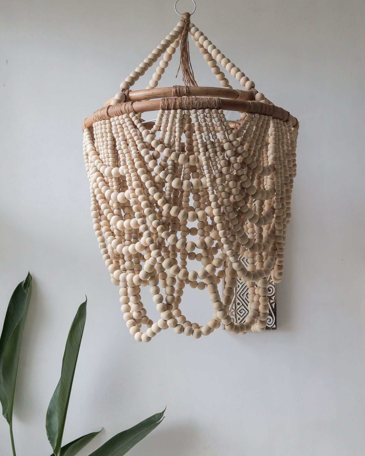 Wood Beaded Hanging Lamp, Beaded Ceiling Lamp,Bohemian Chandelier in Natural