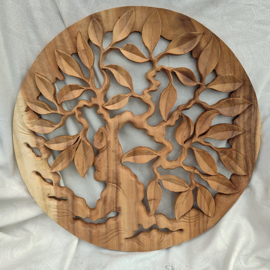 Wooden Round Hand Carved Wall Panel Art  Banyan Tree Design