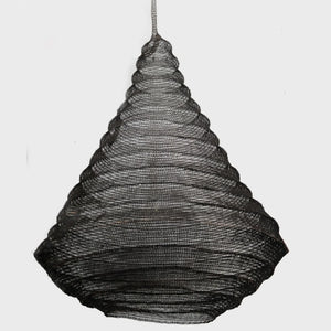 Handcrafted black iron hanging lamp with a conical, layered mesh design