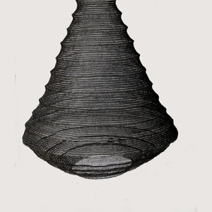 Black metal mesh ceiling light with conical shape on white background