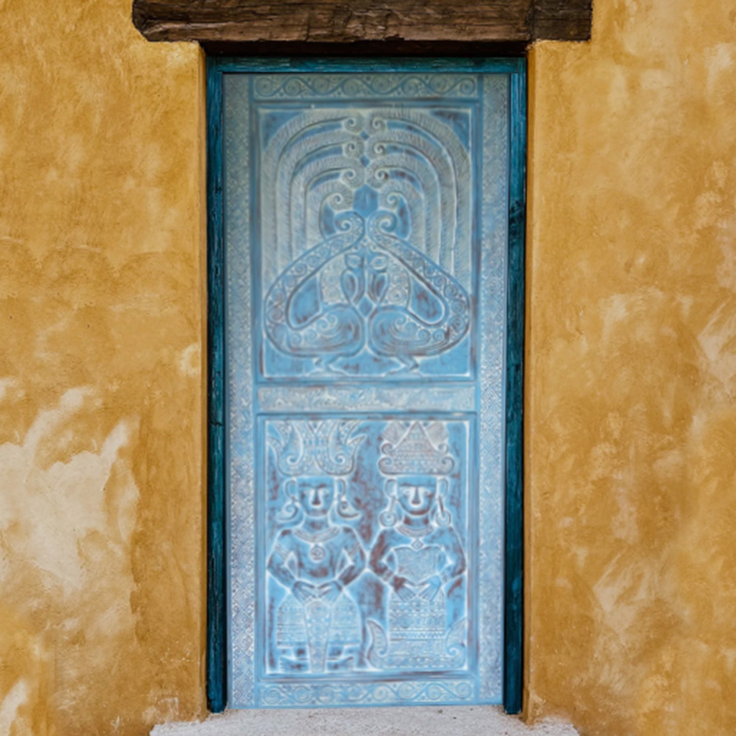 Hand carved Wood Ethnic Bali Door-Blue