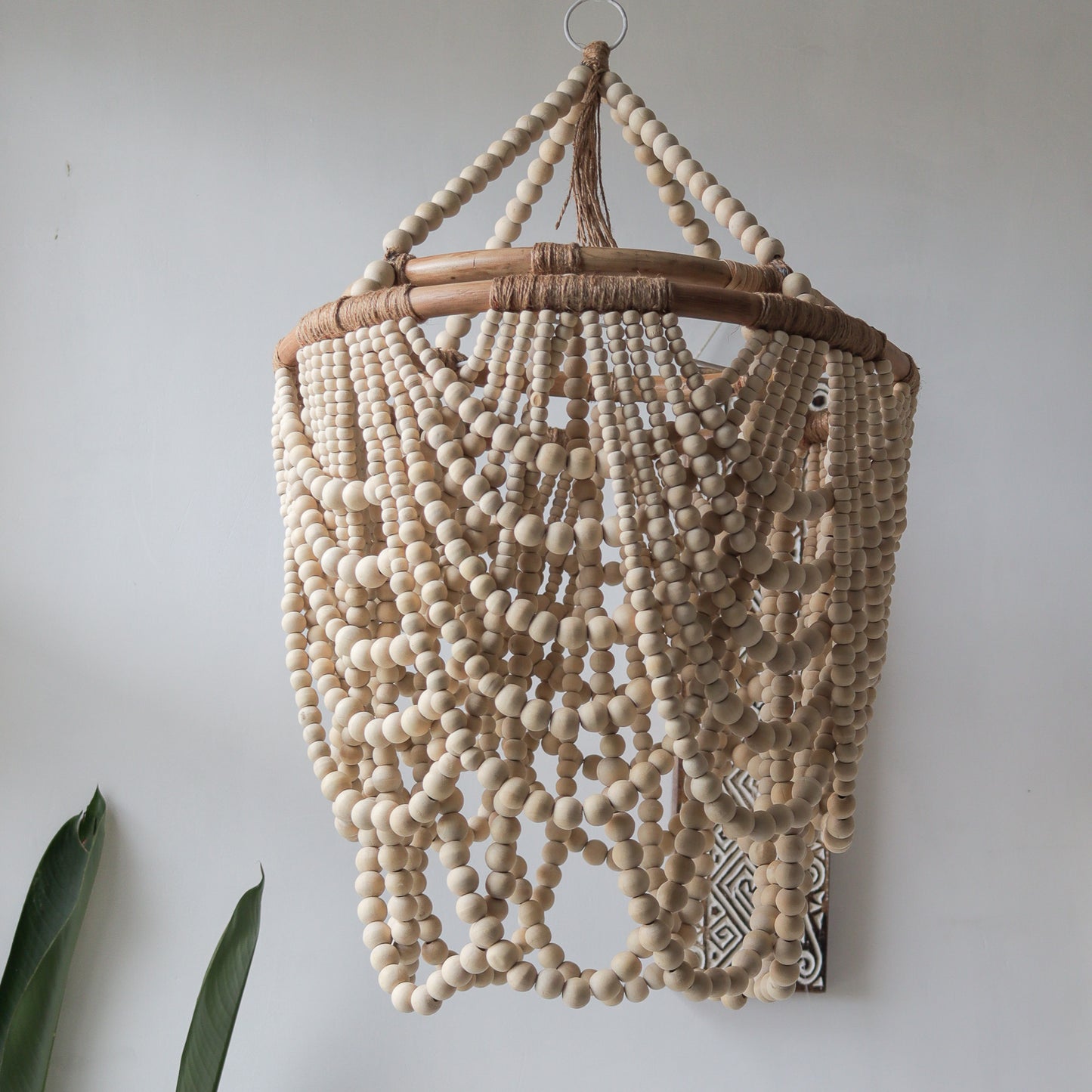 Wood Beaded Hanging Lamp, Beaded Ceiling Lamp,Bohemian Chandelier in Natural