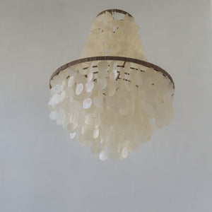 Handmade capiz shell chandelier with cascading round shells, luxury boho home decor