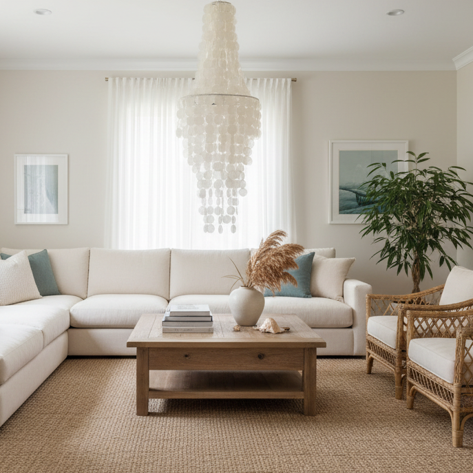 Modern living room with a white sectional sofa, wooden coffee table, and wicker chairs.