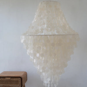 Handmade European shell chandelier with cascading white seashell discs, boho home decor