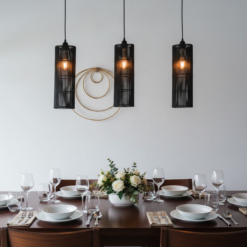 Black woven pendant light fixture on a white wall