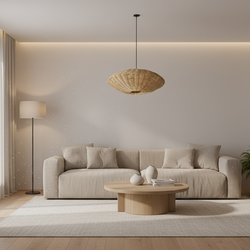 Modern living room with Rattan pendant light from Bali 