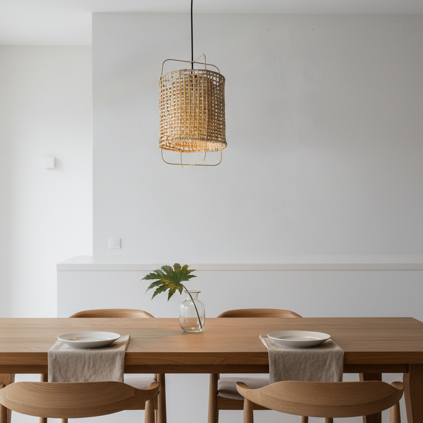 Dining area with a wooden table and chairs, featuring a rattan pendant light.