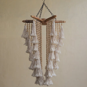 Handmade hanging lampshade with wooden beads and cream tassels, boho home decor