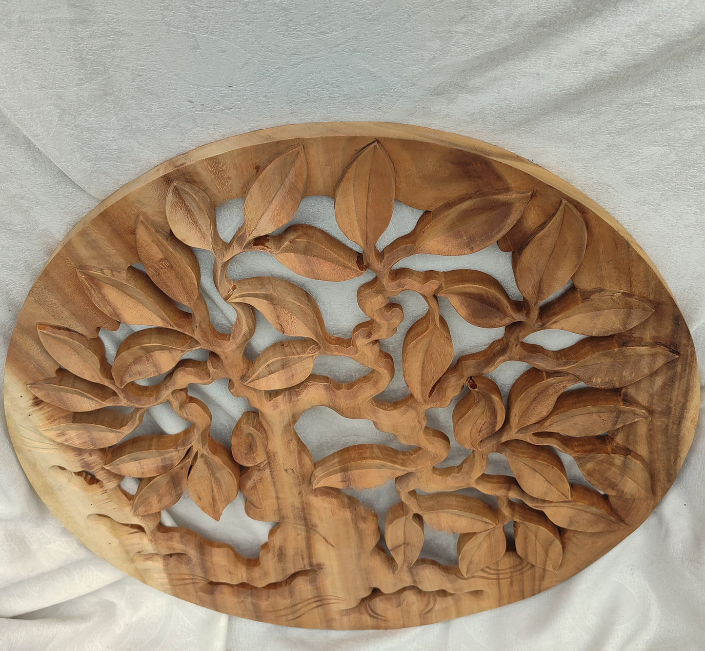 Wooden Round Hand Carved Wall Panel Art  Banyan Tree Design