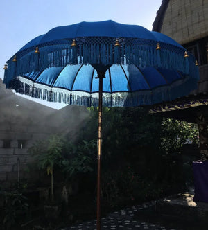 Blue Balinese decorative umbrella with tassels, outdoor handmade home decor accent