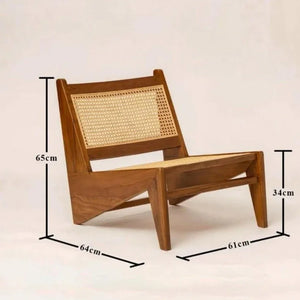 Handmade wooden lounge chair with rattan seat and backrest, modern Balinese furniture, dimensions labeled.