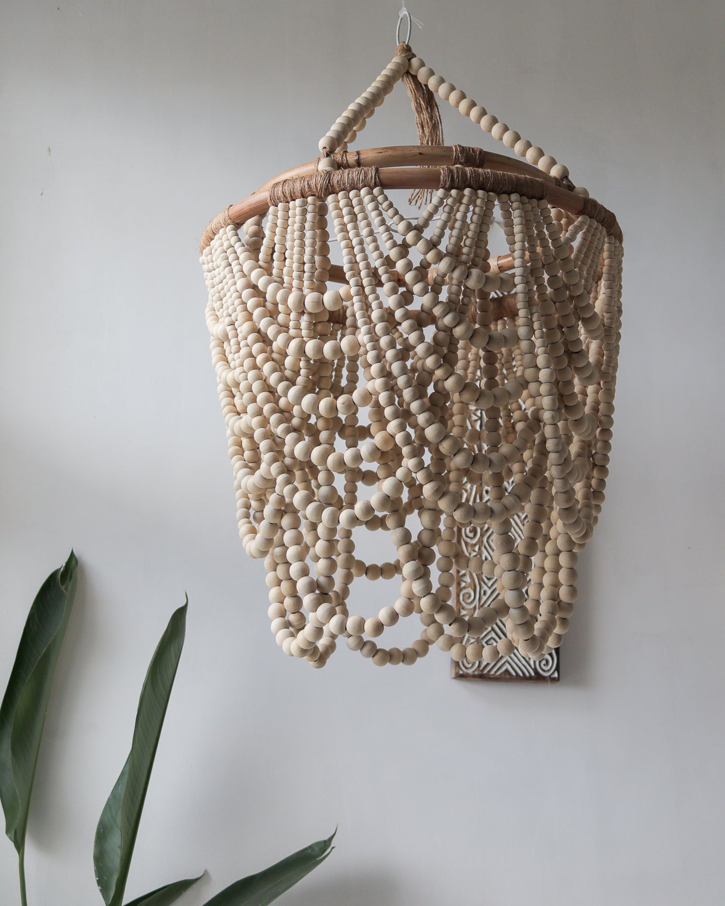 Wood Beaded Hanging Lamp, Beaded Ceiling Lamp,Bohemian Chandelier in Natural