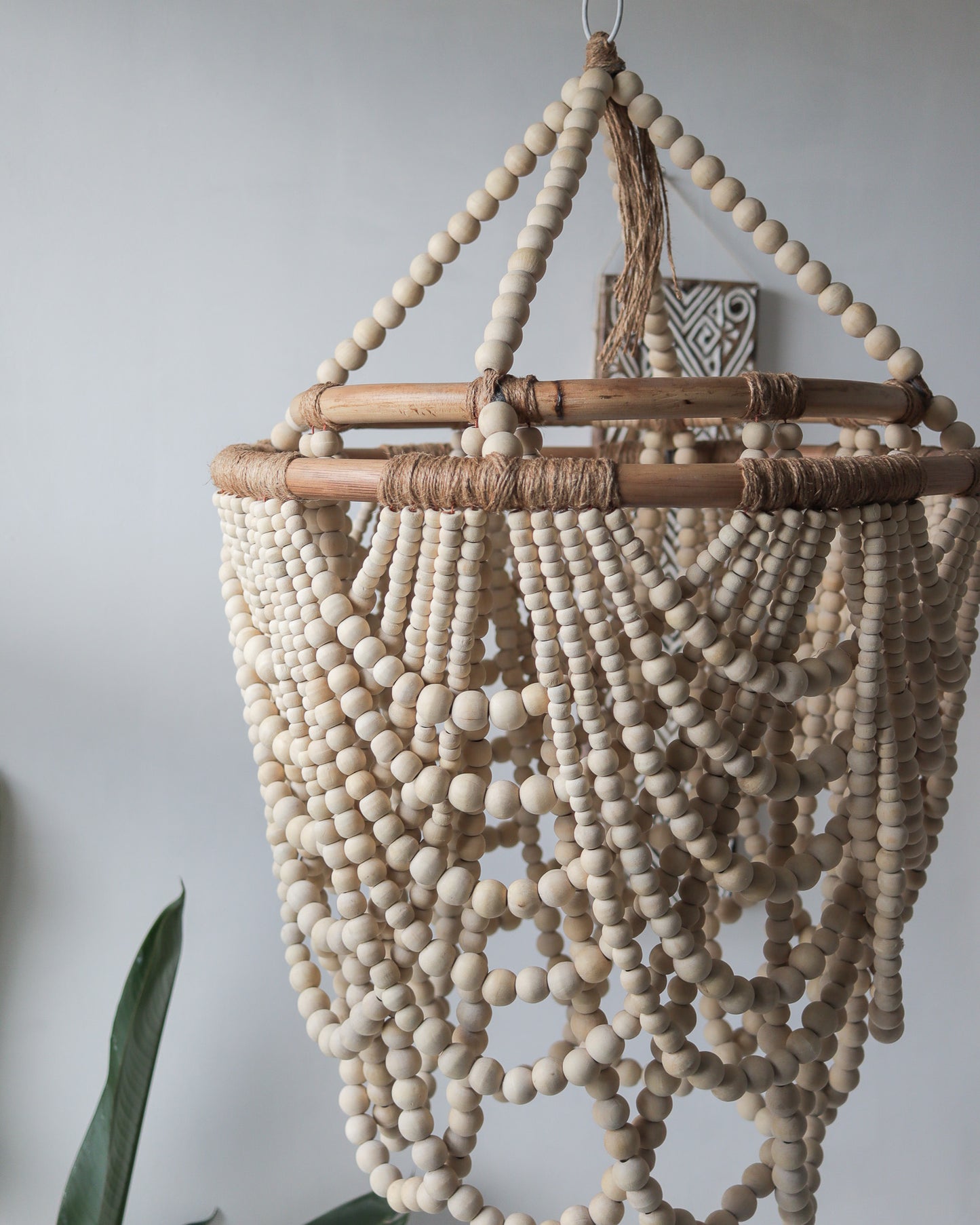 Wood Beaded Hanging Lamp, Beaded Ceiling Lamp,Bohemian Chandelier in Natural