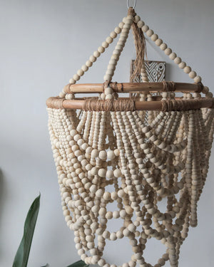 Handmade beaded chandelier with natural wood beads and rope, Balinese home decor
