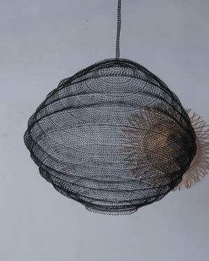 Handmade black wire mesh pendant light with layered round shape, modern hanging decor