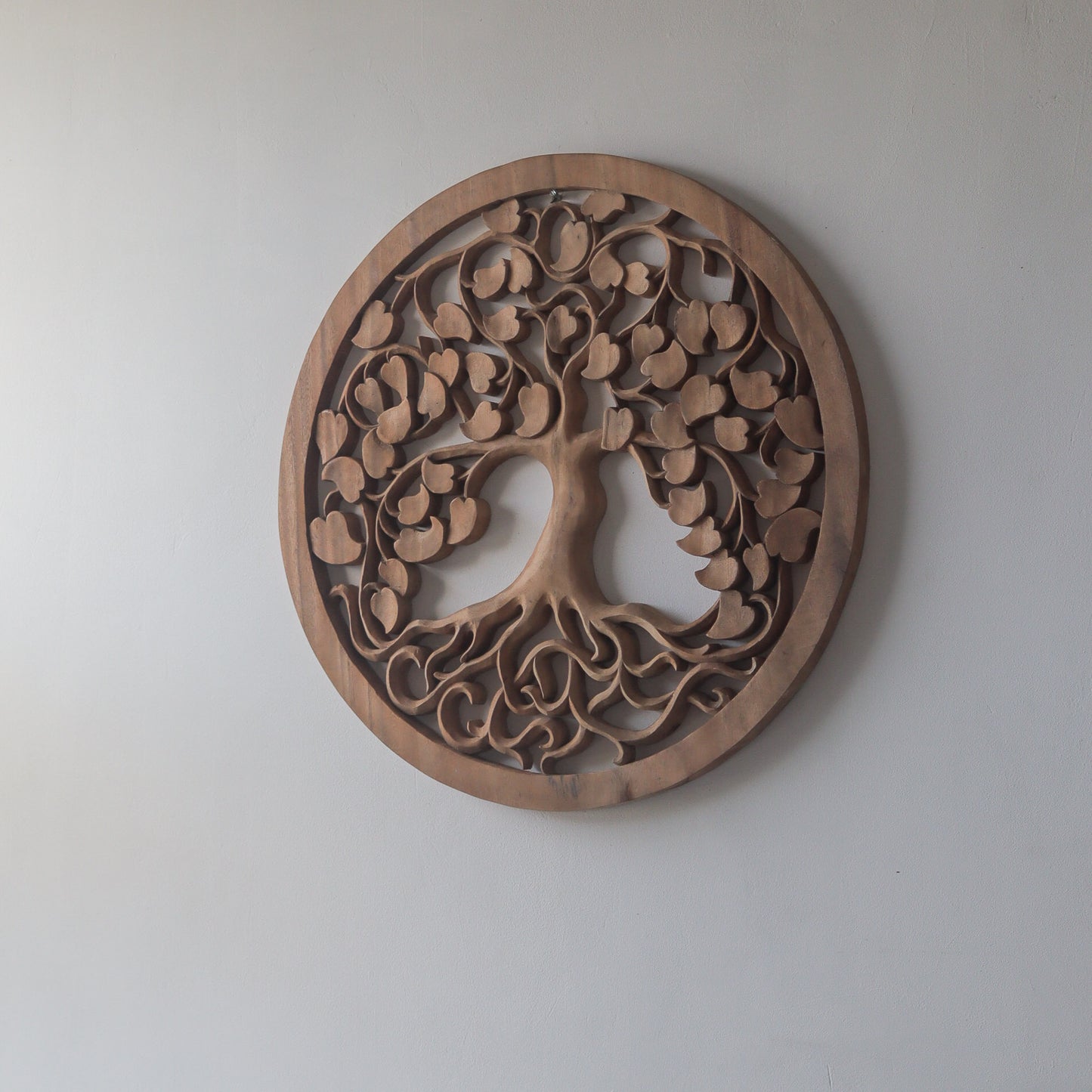 Wooden Round Hand Carved Wall Panel Art Tree Design