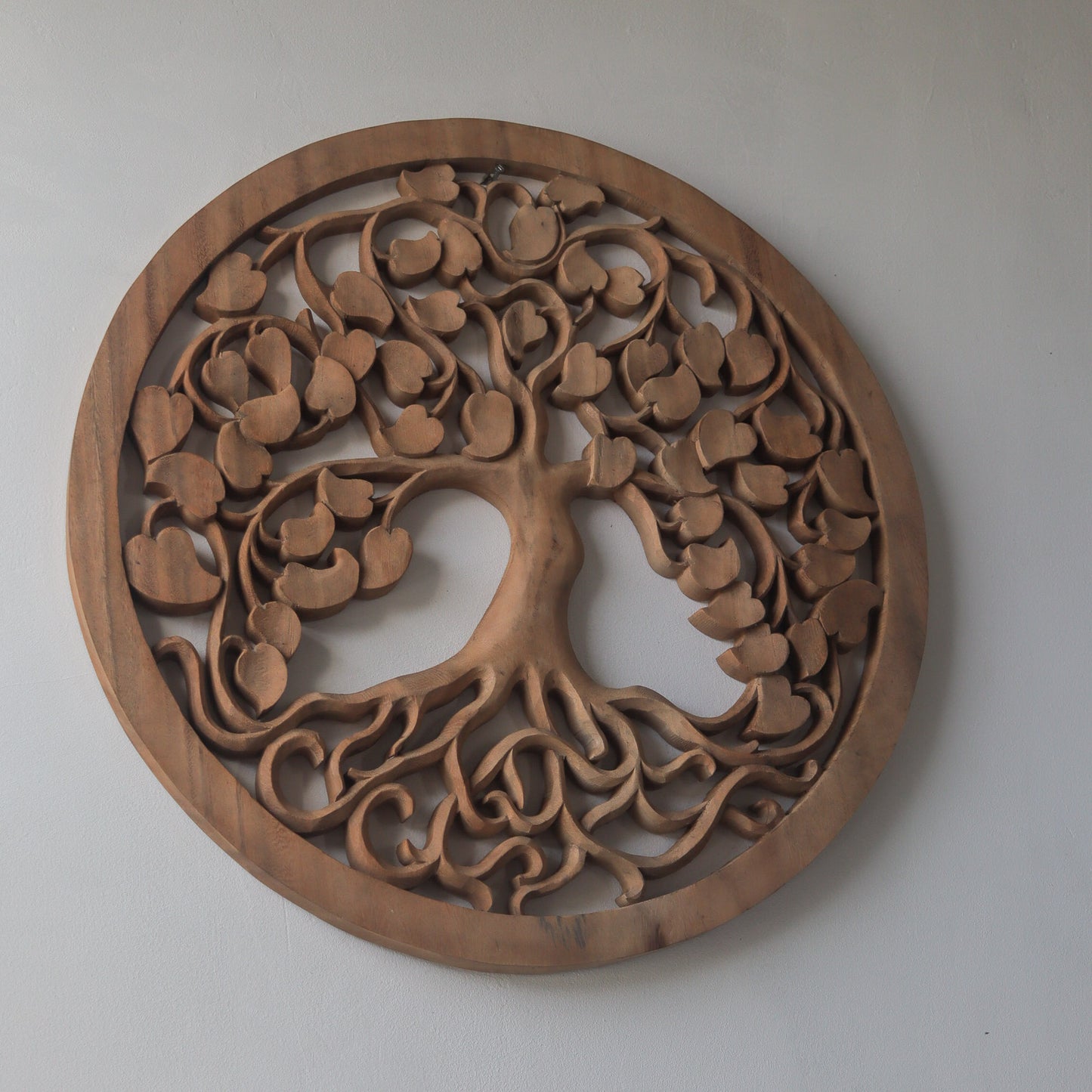 Wooden Round Hand Carved Wall Panel Art Tree Design