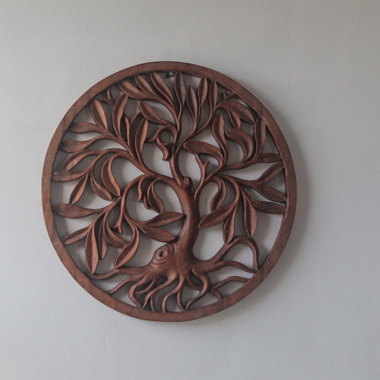 Wooden Round Hand Carved Wall Panel Art Tree Design in Brown