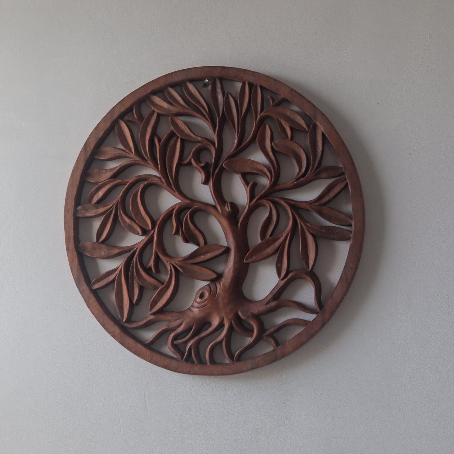 Wooden Round Hand Carved Wall Panel Art Tree Design in Brown