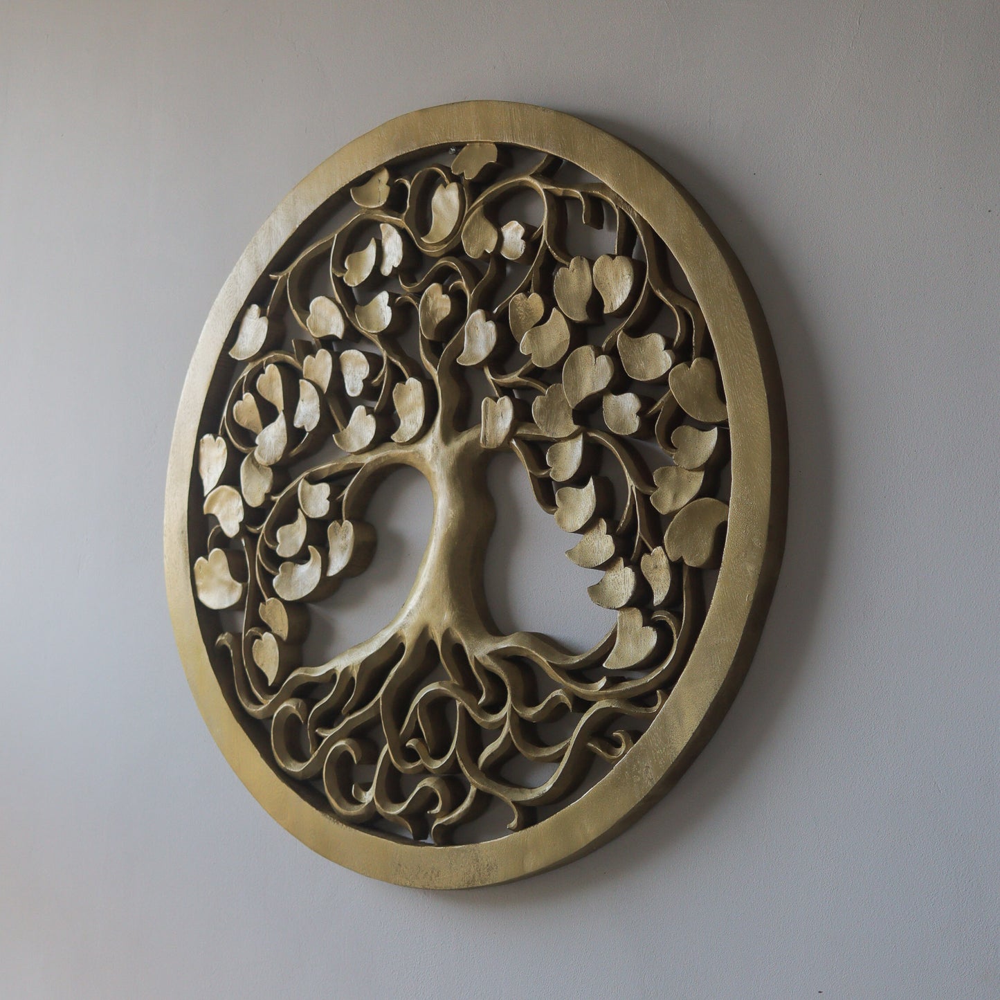 Wooden Round Hand Carved Wall Art in Gold