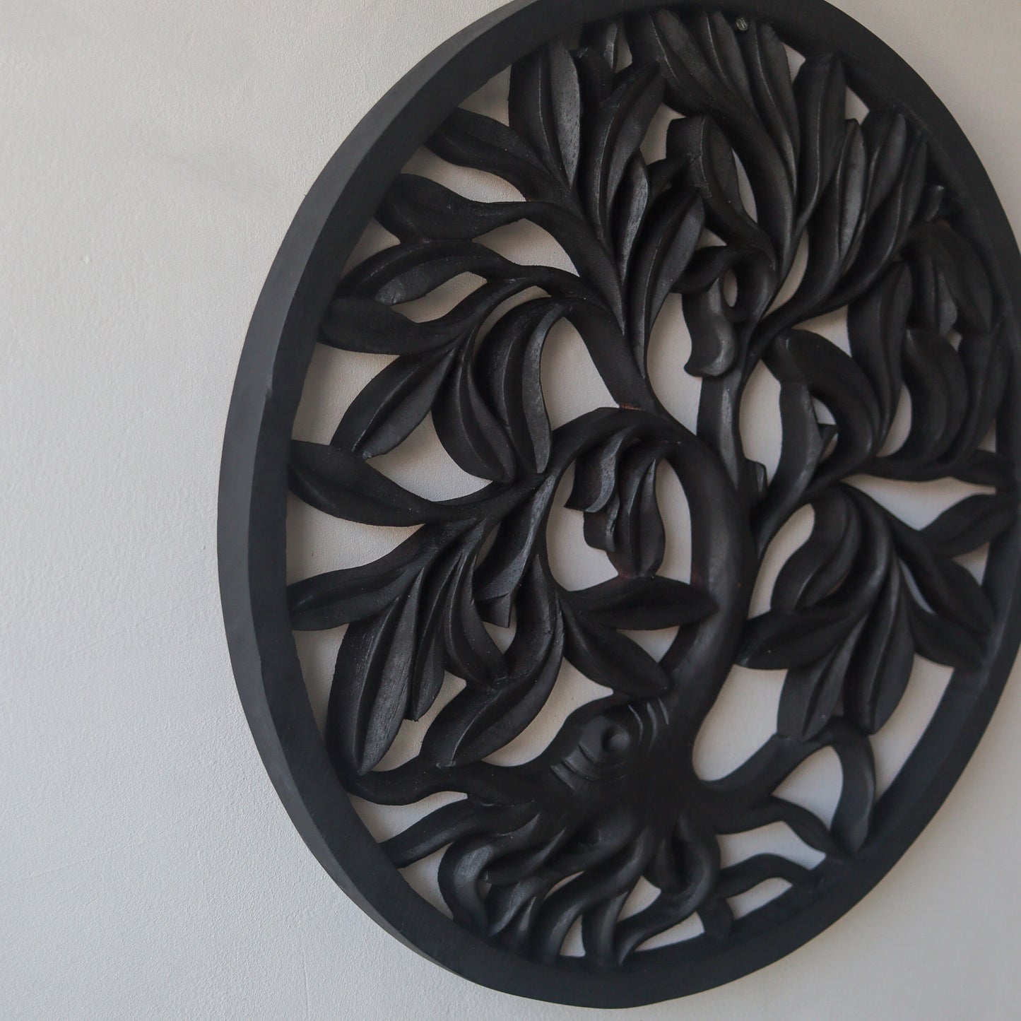 Wooden Round Hand Carved Wall Art in Black