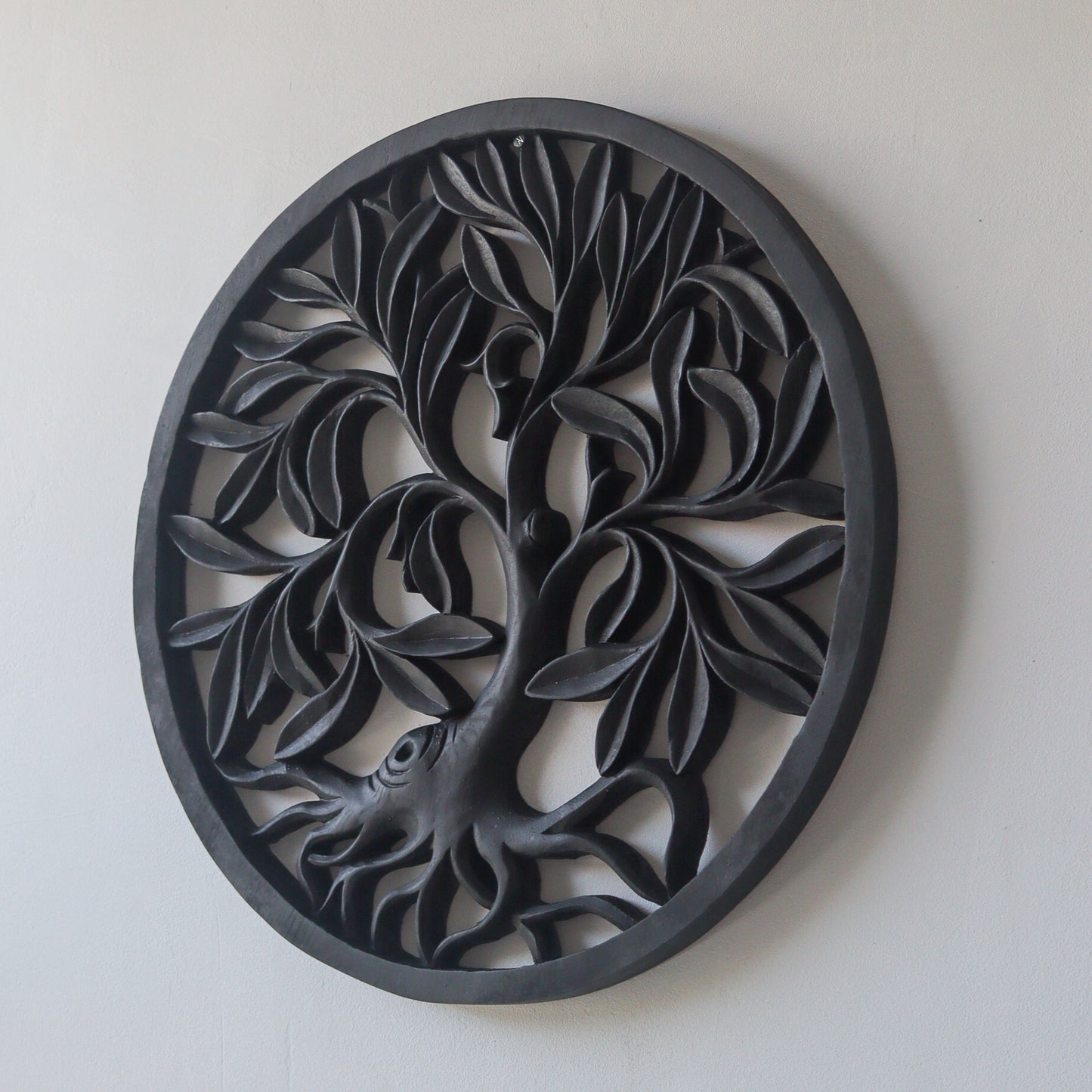 Wooden Round Hand Carved Wall Art in Black