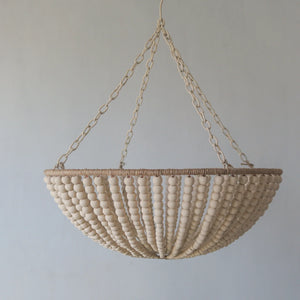 Handmade Balinese beaded chandelier with natural wood beads and metal chain, boho decor