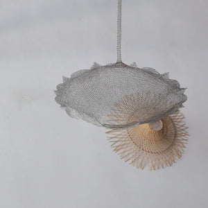 Handmade woven rattan chandelier with intricate design, minimalist home lighting decor