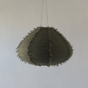 Handmade olive green pendant lamp with textured fabric, eco-friendly home decor