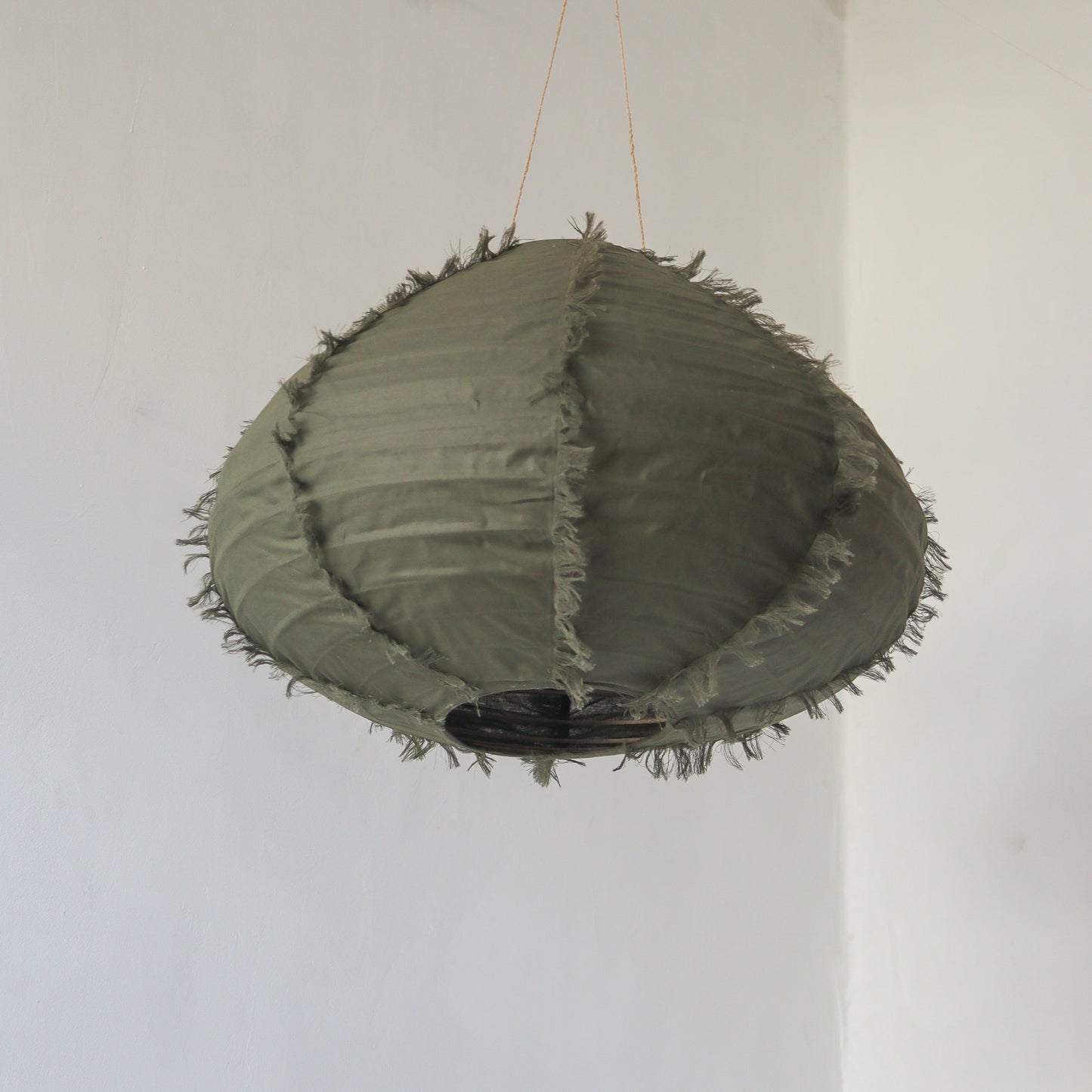 Linen Lantern Pendant Light Dome Fringe in Green