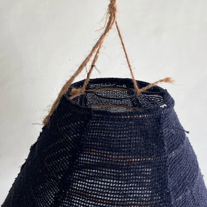 Handmade black woven lampshade with natural jute rope hanger, boho home decor