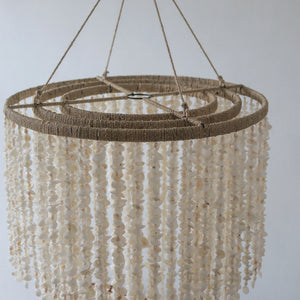Handmade Balinese seashell chandelier with natural rope and cascading shell strands