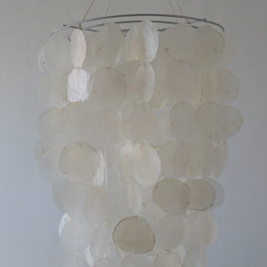 Capiz Shell Chandelier in natural shape, 30 cm diameter, handcrafted in Bali, Indonesia. Customizable design.