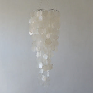 Capiz shell chandelier in natural shape, diameter 30 cm, handcrafted in Bali, Indonesia for customizable home decor.