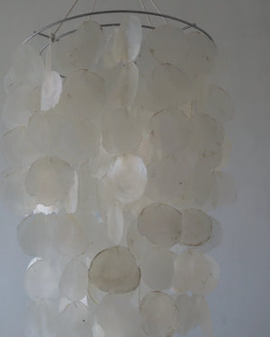 Capiz Shell Chandelier in natural shape, diameter 30 cm, handmade in Bali, Indonesia for customizable home decor.