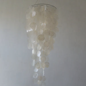 Capiz shell chandelier in a natural shape, 30 cm diameter, handmade in Bali, Indonesia, perfect for elegant interiors.