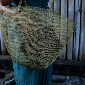 Handmade woven mesh tote bag with handles, eco-friendly fashion accessory