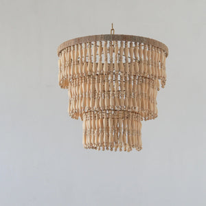 Handmade tiered wooden bead chandelier with natural finish, bohemian pendant lighting