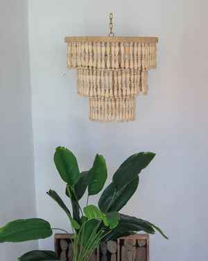Handmade Balinese wooden bead chandelier above indoor plant in modern minimalist room