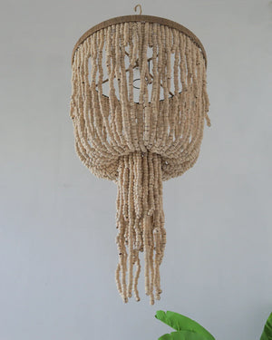 Handmade Balinese beaded chandelier with natural wood beads, boho pendant lighting decor