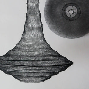 Large black wire mesh chandelier in tear drop shape, handcrafted in Bali, custom designs available.
