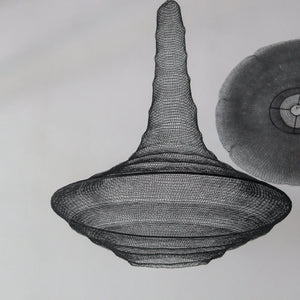 Large black wire mesh chandelier in teardrop shape, handcrafted iron design from Bali, Indonesia.